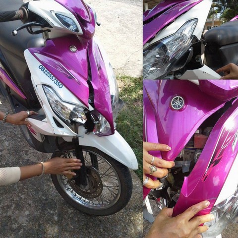 The impact cracked the anterior of the scooter. The whole thing will need to be replaced. The cup holder and exhaust guard will also need to be replaced.